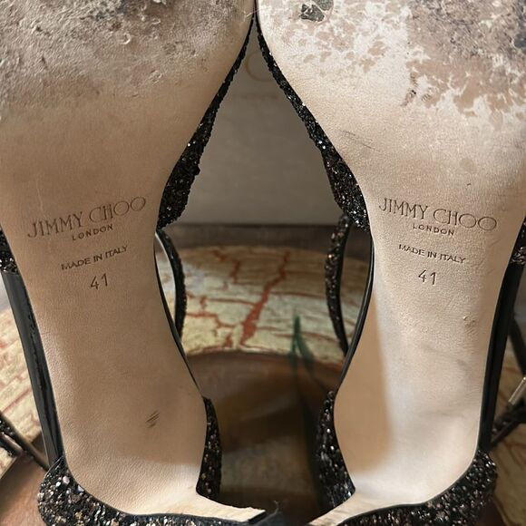 Jimmy Choo 11/41 Emily 85 Bronze Mix Midnight Coarse Glitter Heels Sandals - Picture 13 of 17